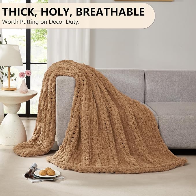 L'AGRATY Chunky Knit Throw Blanket for Couch, 50'' x 60'' Knit Throw, Tan | Handmade Chenille Crochet Blanket for Sofa Bed, Thick Cable Knitted Blankets for Room Home Decor, Birthday Gift for Women Mom