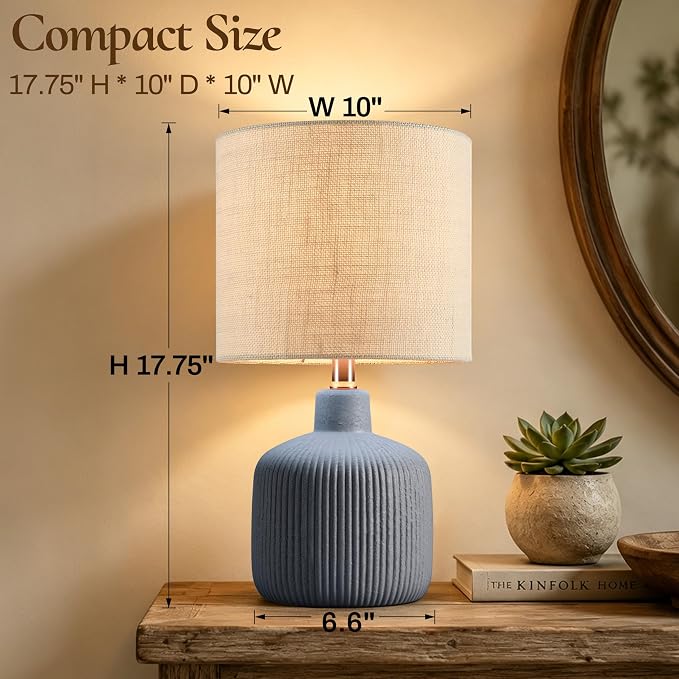 Ceramic Table Lamp, 17.75" Nautical Bedside Lamp with Beige Linen Shade, Warm Ambient Nightstand Lighting for Beach House, Navy Blue