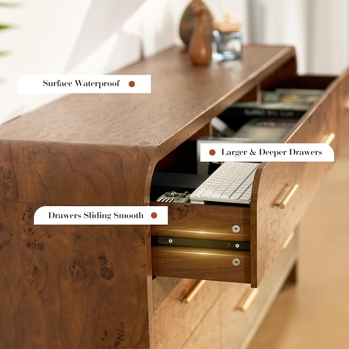 Curved 9-Drawer Dresser for Bedroom, 63" Wide Modern Chest of Drawers, Vanity Desk TV Stand for Living Room, Closet Storage Drawers Organizer Furniture, Nursery, Hallway, Dark Burl