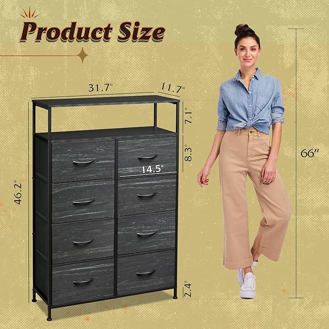WLIVE 8 Drawer Fabric Dresser Open Shelves, Tall Bedroom Chest, Charcoal | 8 fabric drawers plus open shelves, steel frame with wood top, great for bedroom closet entryway and dorm storage