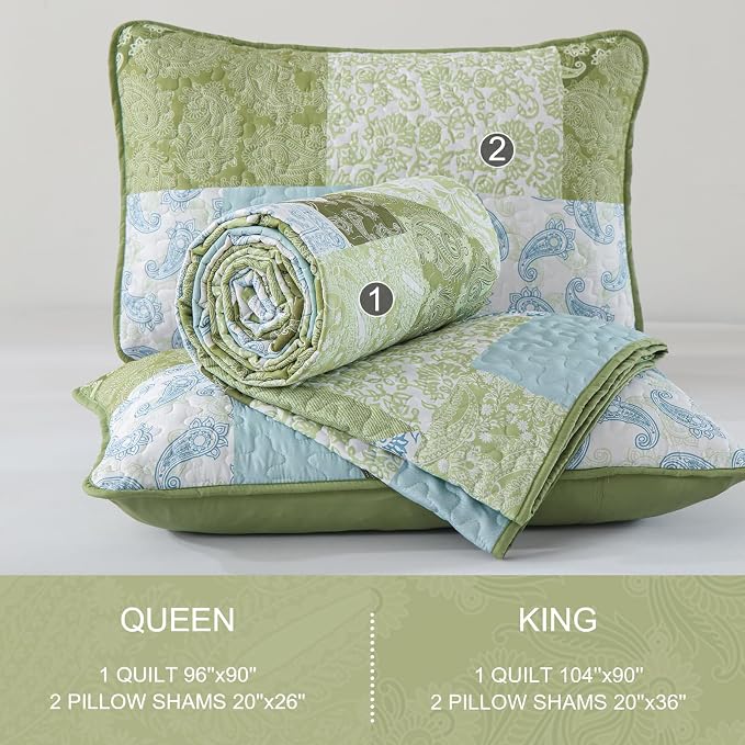 Mybedsoul Boho Quilt King Size, Patchwork Bedding Set, Sage Green | Soft Lightweight Microfiber Floral Coverlet Set, 3 Pieces Plaid Reversible Bedspread, Bed Sets for All Seasons 90"x110"