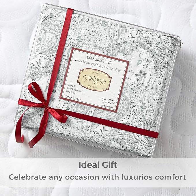 Mellanni Iconic 4-Piece, Ultra Soft Sheet Set (Cal King, Paisley Gray) | 10M+ Sleepers. Lab-tested: Sleeps Cool, Stays Bright, Strong, Smooth. Good Housekeeping Best Bedding, 7 yrs running.