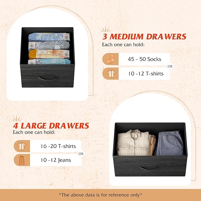 WLIVE Dresser for Bedroom, 7 Drawers, TV Stand, Black Wood Grain | 7 roomy fabric drawers, Fits TVs up to 45 inch, Bedroom or living room, Wide storage design, Chest of drawers