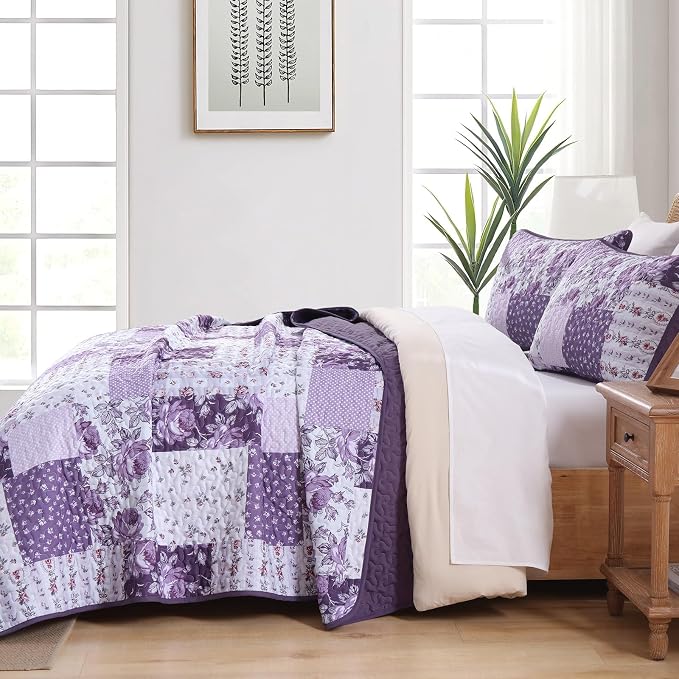 Anibedding Purple Patchwork Quilt Set King, Rose Floral Plaid Bedspread | Lavender Vintage Flower Coverlet, Lighweight Microfiber Farmhouse Quilt Bedding Set 3 Pieces for All Season, 96''x90''