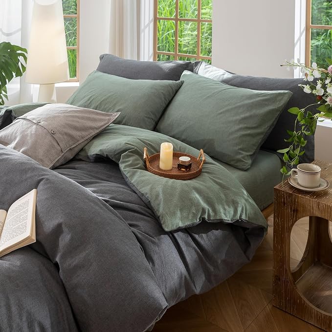 BDEAR 3Pcs Duvet Cover Set King Size 104" Wx90 L,Heathered Green and Grey | 100% Washed Cotton, 1 Duvet Cover with 2 Pillowcases, Zipper Closure, OEKO TEX Standard,8 Corner Ties,Linen-Liked Texture