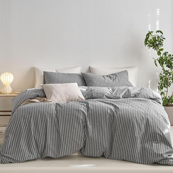 MooMee Striped Duvet Cover Set 100% Washed Cotton Linen Like Full | Relaxed Linen-like Texture. Soft, Breathable & Long-lasting Comfort. Lightweight. Hidden Zipper with 8 Interior Corner Ties
