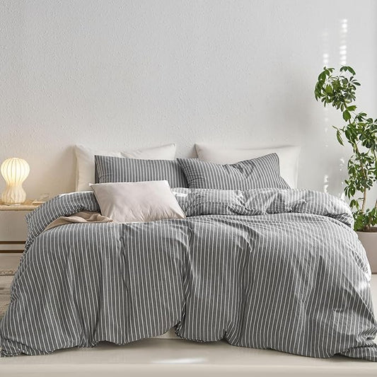MooMee Striped Duvet Cover Set 100% Washed Cotton Linen Like Full | Relaxed Linen-like Texture. Soft, Breathable & Long-lasting Comfort. Lightweight. Hidden Zipper with 8 Interior Corner Ties