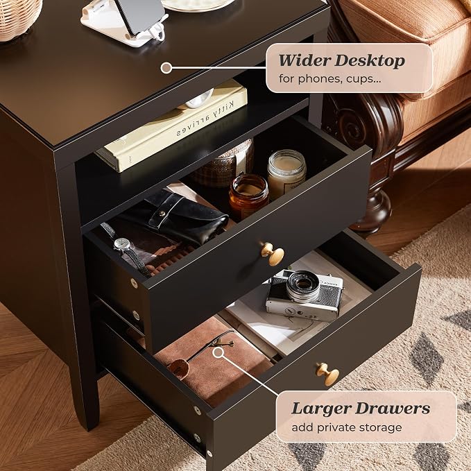 Huuger Nightstand with Charging Station, Black Nightstand with 2 Drawers | Bed Side Table for Bedroom, Bedside Table with Storage, Modern Nightstands, Metal Knobs, Painted Surface