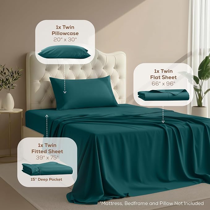 Twin Sheets Set, 3 Pieces 16" Deep Pocket Hotel Luxury Sheets, Teal Green | Extra Soft Bedsheet Set, Comfy & Breathable Cooling Sheets, Wrinkle & Fade Resistant, Fitted Sheet, Flat Sheet, 1 Pillowcase