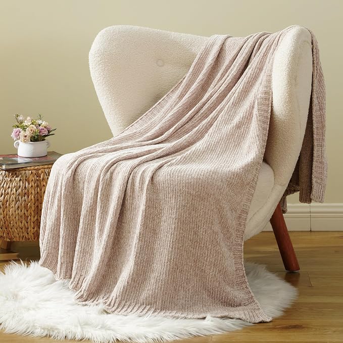 Beige Throw Blanket for Couch, Soft Chenille Throw Blanket 51"x67" | Shiny Oatmeal Chenille Blanket, Breathable & Midweight Knit Throw Blanket, Neutral Throw for Bed Sofa Home Decor