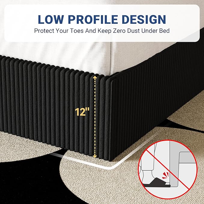 Allewie King Bed Frame, Adjustable Corduroy Headboard, Platform, Black | Adjustable Headboard, Corduroy Fabric, Low Profile, Wooden Slats, 1000 lb Capacity, No Box Spring Needed