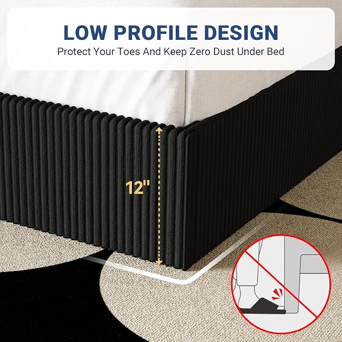 Allewie Queen Bed Frame, Adjustable Corduroy Headboard, Platform, Black | Adjustable Headboard, Corduroy Fabric, Low Profile, Wooden Slats, 900 lb Capacity, No Box Spring Needed
