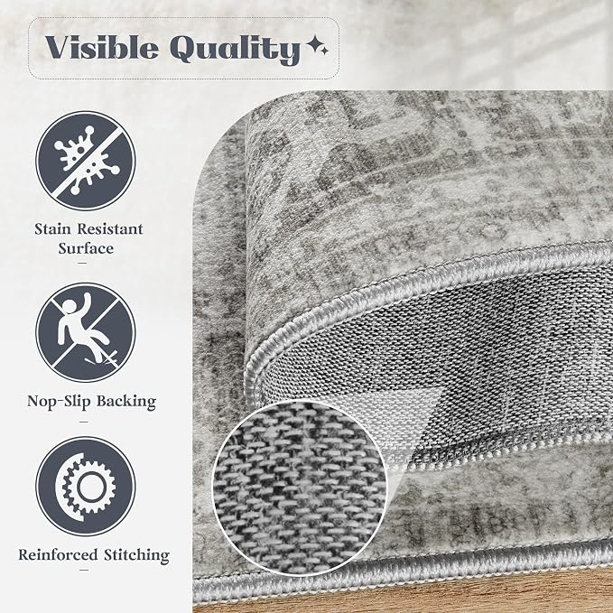 Area Rug 5x7 Washable Rug, Vintage Boho Medallion Rugs Non-Slip Soft Low Pile Large Distressed Rug Indoor Retro Carpet for Living Room Bedroom Dining Room Home Office (Grey, 5'x7')