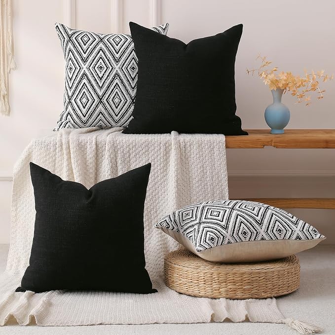 HPUK Throw Pillow Covers 18x18, 4 Pack, Black Textured Couch Pillow Covers | Polyester fabric, patterned and solid designs, hidden zippers, machine washable, for sofas and beds, inserts not included