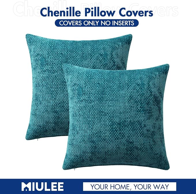 MIULEE Decorative Couch Throw Pillow Covers 18x18 Inch Coastal Teal 2 Pack | Coastal Modern Boho Accent, Soft Chenille Pillow Covers, Farmhouse Cushion Cases for Home Decor Bed Sofa Living Room