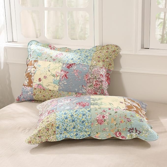 vctops Boho Patchwork Cotton Quilted Bedspread Quilt Set Queen Size 3 Pieces Soft Reversible Lightweight Coverlet Set Floral Print 1 Quilt and 2 Pillow Shams (Purple,Queen)