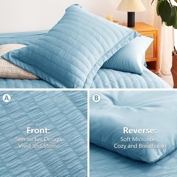 Full Size Comforter Sets, 7 Pieces Sky Blue Seersucker Bed in a Bag | OEKO-TEX Certified, All Season Bedding Set with 240 GSM Down Alternative Comforter, Flat & Fitted Sheets, Pillowcases & Shams