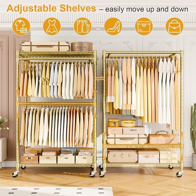 Rolling Clothes Rack, Clothing Racks for Hanging Clothes, Gold | P4 Plus Heavy Duty Garment Rack with Wheels, Free Standing Portable Closet Racks 45''W × 20.5''D × 80.5''H, Max Load 570 Lbs