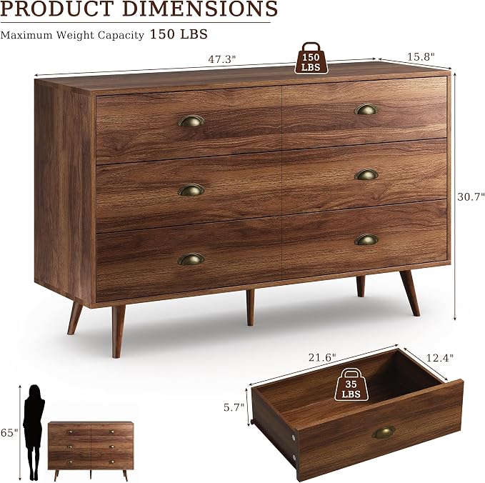 Walnut 6 Drawer Dresser for Bedroom, 47" Wood Dresser with Gold Handles. | Modern Dressers & Chests of Drawers for Living Room, Hallway, Entryway.