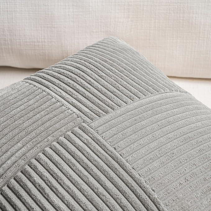 Fancy Homi 2 Packs Grey Lumbar Decorative Throw Pillow Covers 12x20 Inch for Living Room Couch Bed Sofa, Rustic Farmhouse Boho Home Decor, Soft Striped Corduroy Rectangle Accent Cushion Case 30x50 cm
