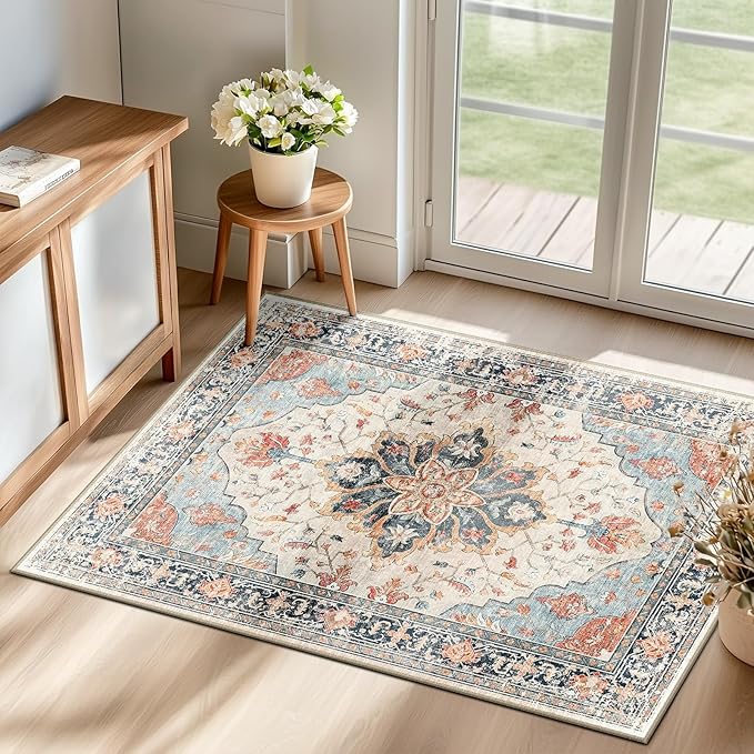 RELEANY Washable Area Rug, Small 2'x3', Beige/Blue/Orange | Non-Slip, Water Repellent, Pet Friendly, Easy to Clean, Vintage Floral Boho Decor for Kitchen Entryway Bathroom