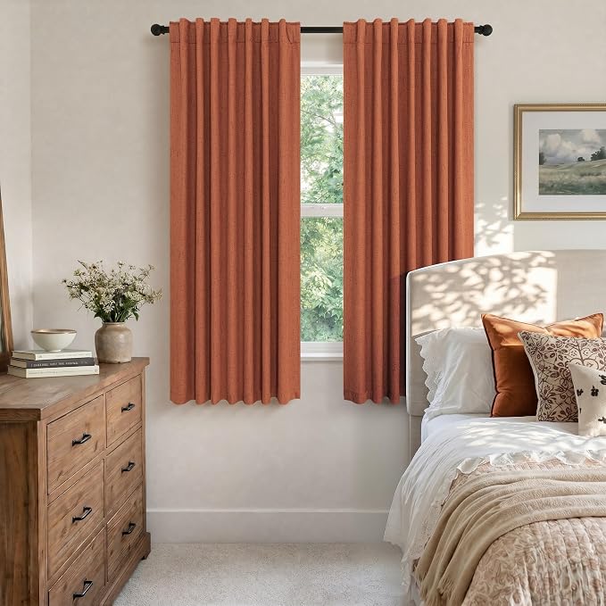 Terracotta Black Out Curtains 72 Inch Long Western Blackout Window Curtain & Drapes 72 Inch Length 2 Panel Viral Retro Vintage Linen Farmhouse for Bedroom Dining Living Room Pumpkin 70s Decor Hippie
