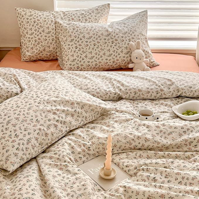 mixinni Boho Floral Girls Duvet Cover Set Twin Size Soft Cotton Comforter Cover Set Farmhouse Shabby Chic Flower Duver Cover for Women, 1 Cute Floral Duver Cover and 2 Pillowcases for All Seasons
