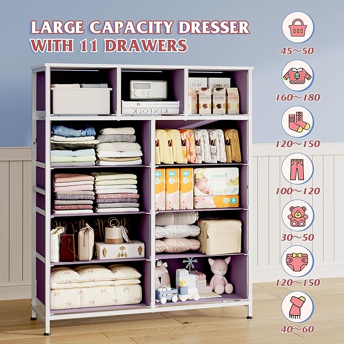 WLIVE Tall Dresser for Bedroom, 11 Drawer Chest of Drawers, Tie-Dye | 11 fabric storage drawers, Tall high-capacity design, Bedroom or dorm use, Sturdy steel frame, Smooth wood tabletop