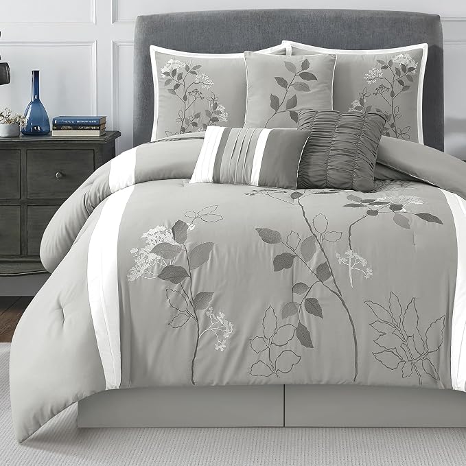 Grey King Comforter Set, 7 Pieces Bed in a Bag, Elegant Floral Leaves Embroidery, Soft and Lightweight All Seasons Bedding Set, Bedskirt, Pillow Shams, Decor Pillows