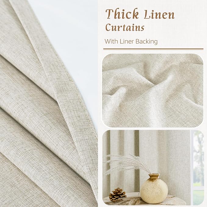 100% Blackout Natural Linen Bedroom Curtains 63 Inches 2 Panels | Stone, Living Room, Curtains for Farmhouse, Thermal, Privacy Protected, Rod Pocket Back Tab Panels, White Liner, 52 x 63 Inch