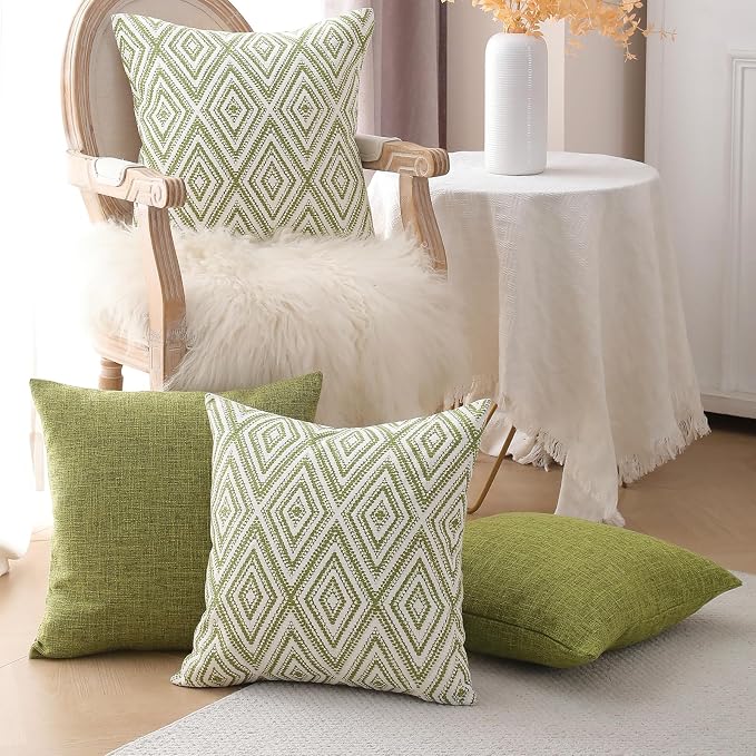 HPUK Throw Pillow Covers 20x20, 4 Pack, Green Textured Couch Pillow Covers | Polyester fabric, patterned and solid designs, hidden zippers, machine washable, for sofas and beds, inserts not included