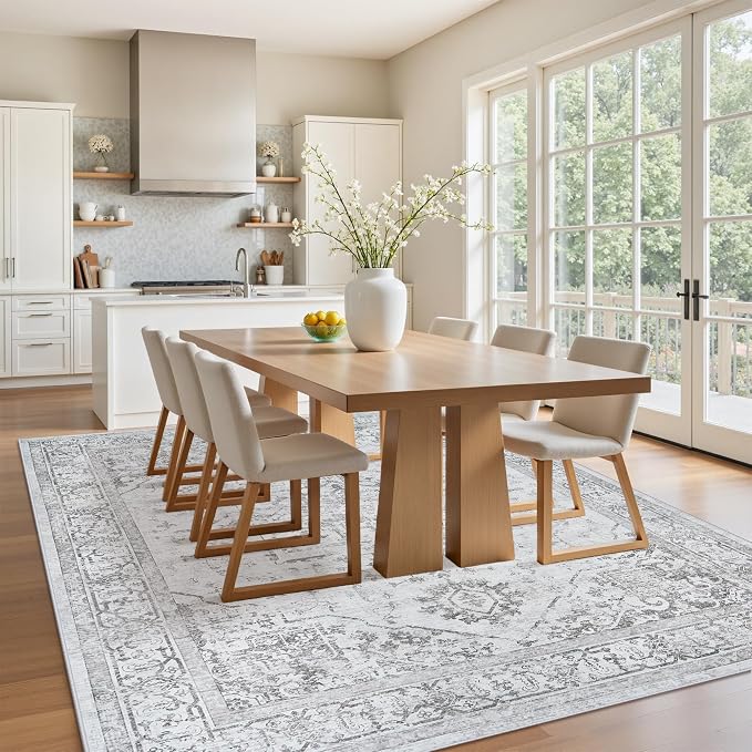 5x7 Washable Area Rugs for Bedroom Grey Non-Slip Rug | Vintage Medallion Rug，Soft Low Pile Large Rugs，Indoor Retro Carpet for Bedroom Nursery Dining Table Farmhouse Home Office