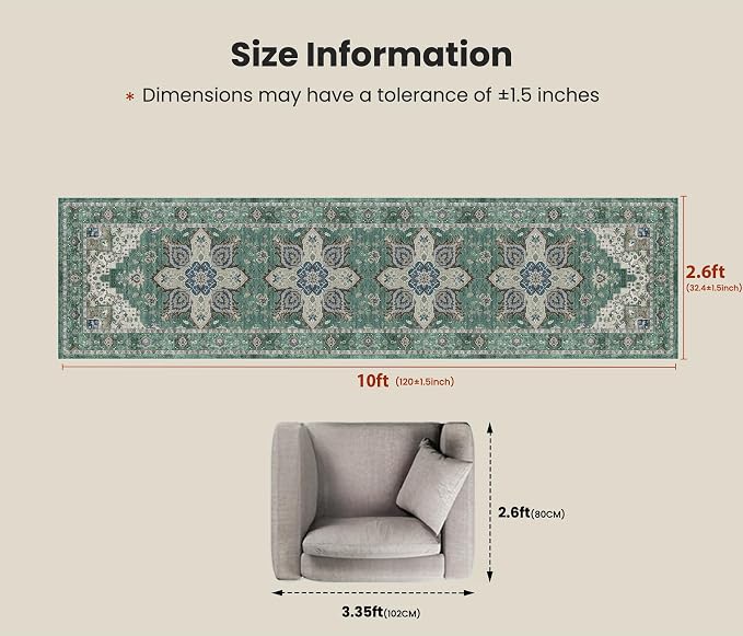 AMADA HOMEFURNISHING 2'6"x10' Washable Area Rug, Low-Profile Entryway Rug with Non-Slip Backing & Durable Edge Binding, Vintage Rug Pattern, Small Rugs for Entryway, Kitchen & Living Room