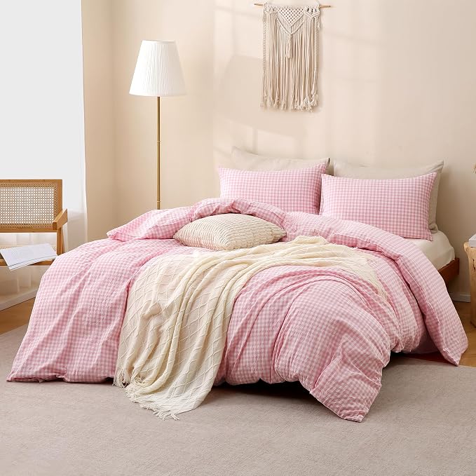 TOCOMOA Pink Gingham Duvet Cover Bedding Set Washed Cotton Like Linen Queen | 100% Washed Cotton Linen-Like Feel Soft, Breathable & Comfy. Lightweight Bedding Set with Zipper & 8 Ties. 3 Pcs, No Insert