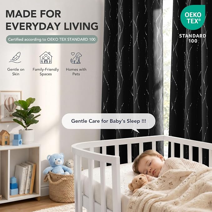 Deconovo 100% Blackout Living Room Curtains 63 Inches Long, Black Backing | Silver Line Foil Pattern Drapes, Thermal Insulated, Room Darkening, Grommet, 2 Panels Set, Black, 42 x 63 Inch