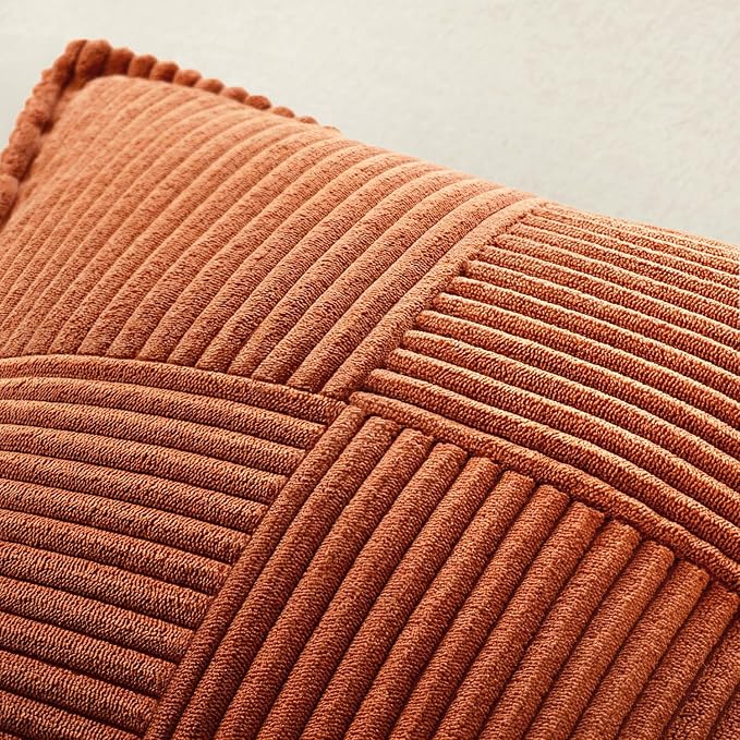 MIULEE Fall Rust Decorative Throw Pillow Covers for Couch 20x20 Inch | 2 Pack, Terracotta Boho Broadside Striped Patchwork Pillow Covers, Soft Corduroy Cushion Cases, For Sofa Bed Livingroom