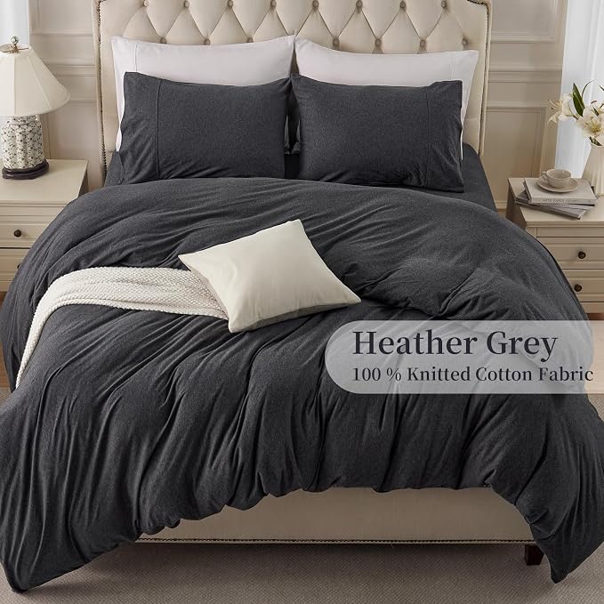 PURE ERA Jersey Knit Sheet Set Heather Charcoal Grey King | 100% Cotton, 3 Piece Set, T Shirt Soft, Breathable, Envelope Closure Pillowcases, Hidden Zipper, 8 Ties, No Insert, Modern