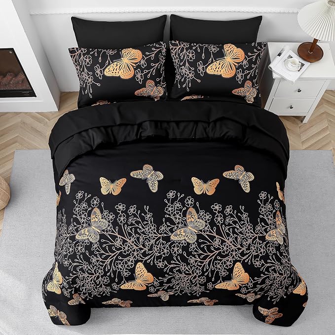 Yogeneg 7 Piece Bed in a Bag Queen Size Comforter Set Black Bedding Set,Gold Butterfly Leaves Printed on Black Reversible Design,Soft Microfiber Comforter with Sheet Set,All Season(Butterfly,Queen)