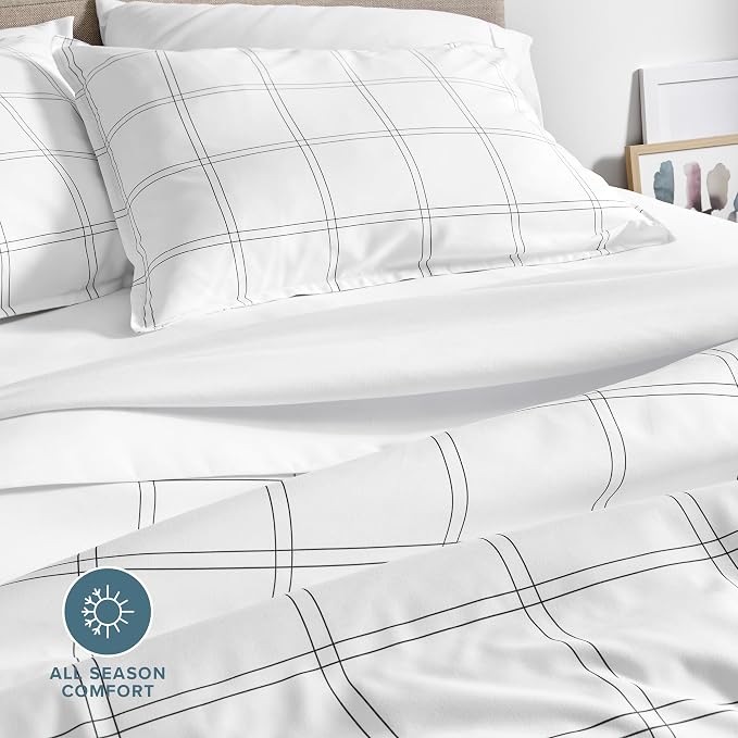 Bare Home Duvet Cover Set 1800 Ultra-Soft (Full, Modern Plaid - White/Grey) | Lightweight, Cooling, Breathable, Premium 1800 Ultra-Soft, All-Season