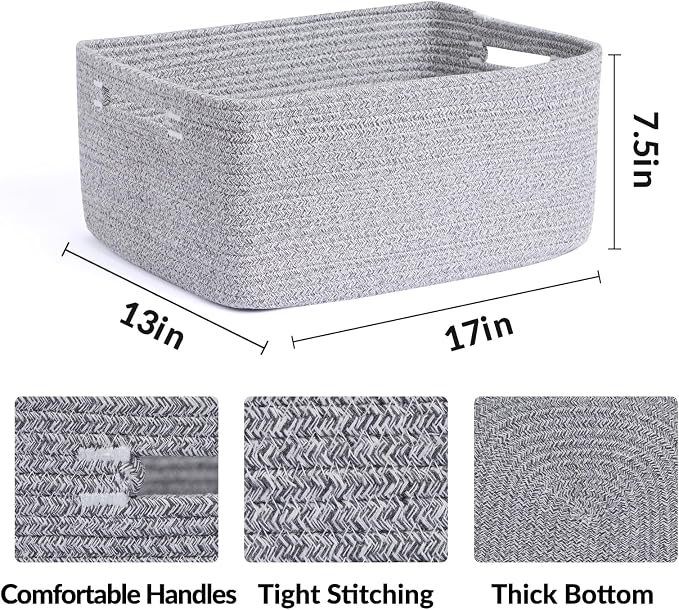 MiniArk Large Storage Baskets for Organizing, 17 x 13 x 7.5” Closet Shelf Baskets for Clothes Blanket Towels, Baby Nursery, Toy Bins Box, Woven Rope Baskets, 4 Packs Mixed Grey