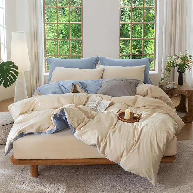 BDEAR Reversible Twin Size Duvet Cover Set 90 x 68inch,Blue and Almond Grey | 100% Washed Cotton, 1 Duvet Cover with 1 Pillowcase, Zipper Closure, OEKO TEX Standard,8 Corner Ties,Linen-Liked Texture