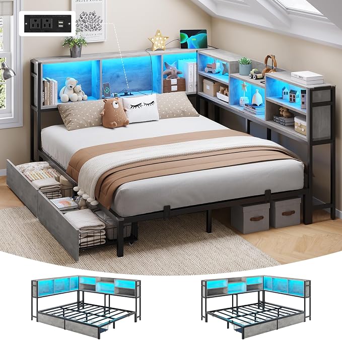 DICTAC Corner Queen Bed Frame with Storage Bookcase and 2 Drawers, Queen Size Corner Platform Bed Frame with LED Lights and Charging Station, Metal Daybed for Teens/Adult, Saving Space, Oak Gray