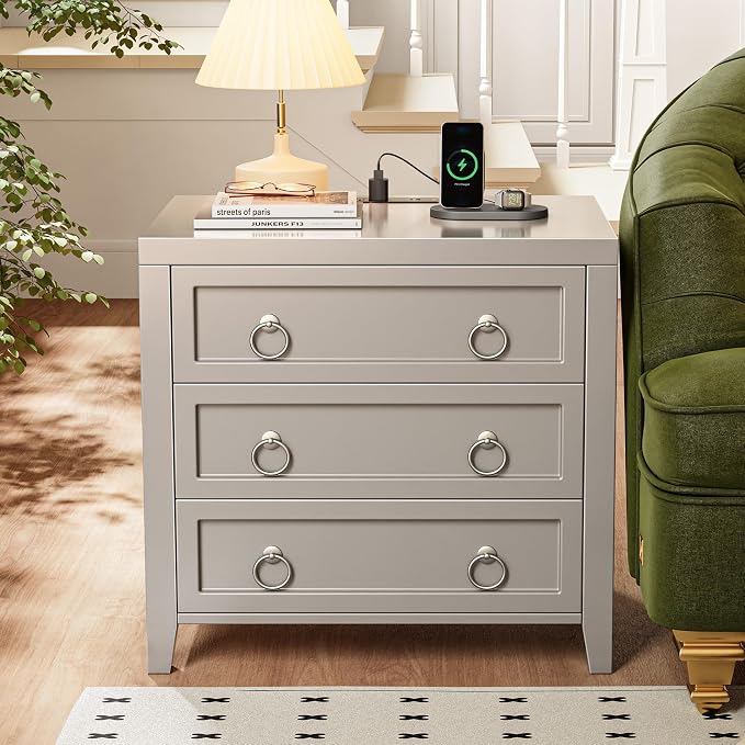 Huuger Paint Night Stand with Charger Station, 3 Drawer Nightstand Set of 2 | Larger Wider Bedside Table with USB-C Port, Modern End Table, for Bedroom, Living Room, Grey Nightstand