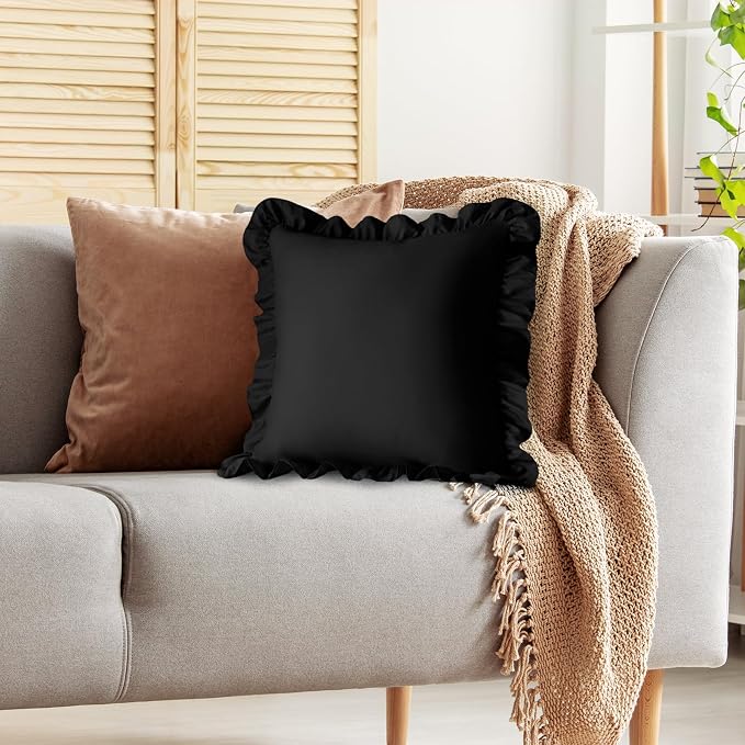 KKJIAF 2 Pack Ruffle Pillow Cases 24x24 Inches, Black | Square Ruffled Pillow Covers, Microfiber Wrinkle Resistant Pillow Shams with Envelope Closure for Sofa Bed Living Room