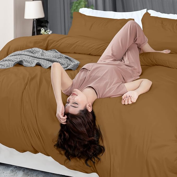 Duvet Cover Queen, 3 Piece Cotton Like Polyester With Zipper Closure, Mocha | Extra Soft and Breathable, Wrinkle & Fade Resistant, Includes Duvet Cover and 2 Pillow Shams, Comforter Not Included, OekoTex