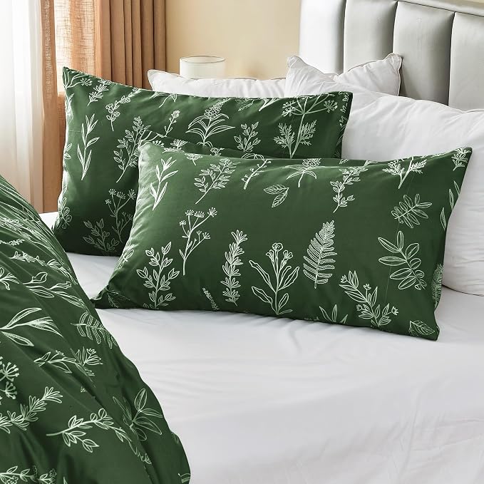 MUXHOMO Duvet Cover Twin/Twin XL Size Set, Reversible Floral Dark Green Duvet Cover with Zipper Closure, 2 Pieces Botanical Patterns Soft Bedding Set with 4 Ties (68"x90", 1 Pillow Case)