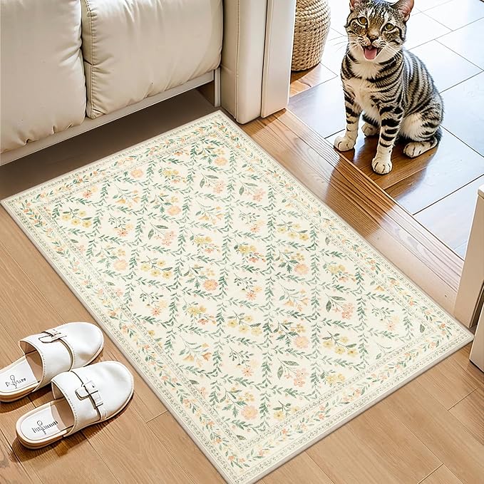 PLHXFR 2x3 Small Entryway Rug: Floral Washable Indoor Carpet Beige Multi | For Entrance, Bedroom, Kitchen, Laundry, Bathroom,Door Mat,Vintage Floral,Machine washable,Non-Slip,Stain Resistant,Indoor