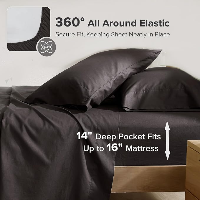 Comfort Spaces 100% Cotton Percale Sheets Cal King Sheet Set 4 Pcs, Black | Crisp, Cool & Breathable Bed Sheets, 14" Deep Pocket Fits Up to 16" Mattress, Lightweight, All Season Cozy, with Pillow Case