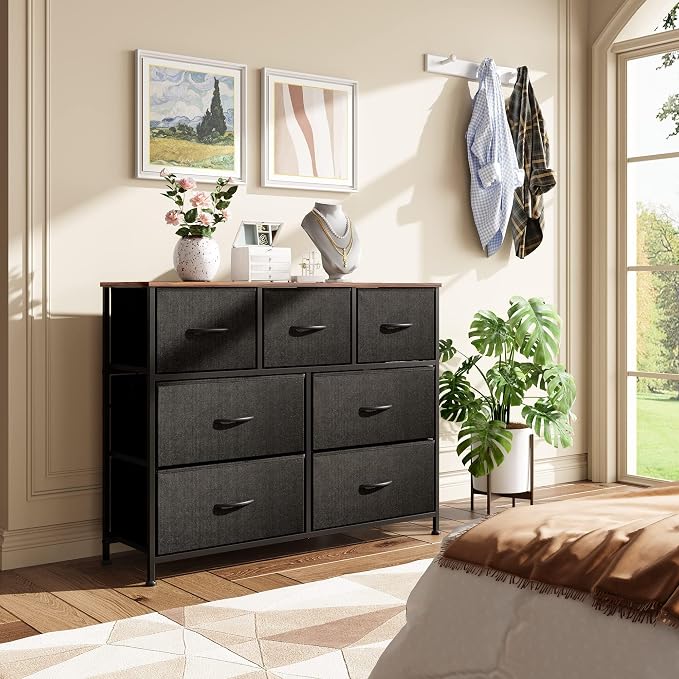 WLIVE Dresser for Bedroom, 7 Drawers, TV Stand, Rustic Brown | 7 roomy fabric drawers, Fits TVs up to 45 inch, Bedroom or living room, Wide storage design, Chest of drawers
