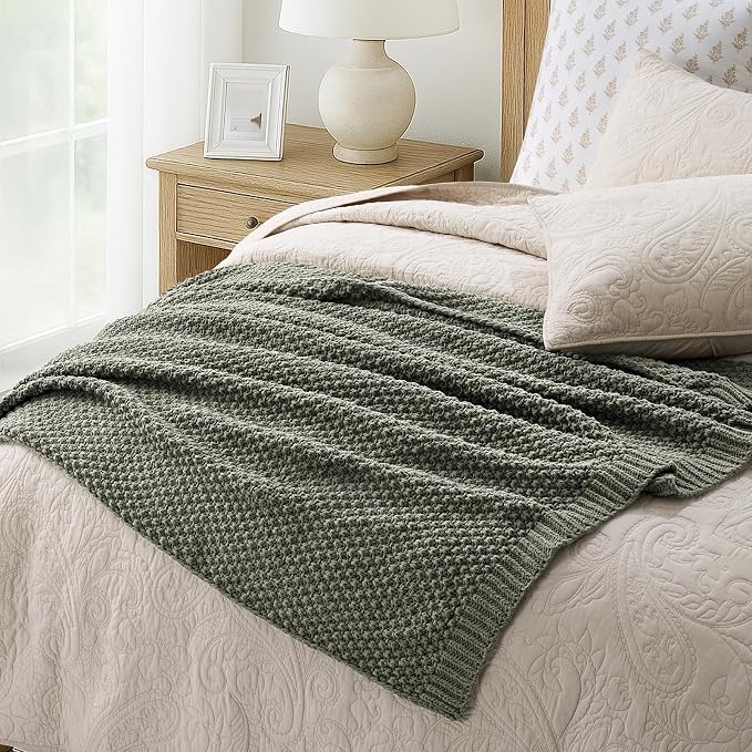 EVERGRACEHOME Chunky Chenille Knit Throw Blanket, 50x60, Dried Thyme Green | Sculpted Moss Stitch, Chic Modern Farmhouse, All-Season Warmth, OEKO-TEX® Certified, Elegant Blanket for Couch, Bed, Sofa